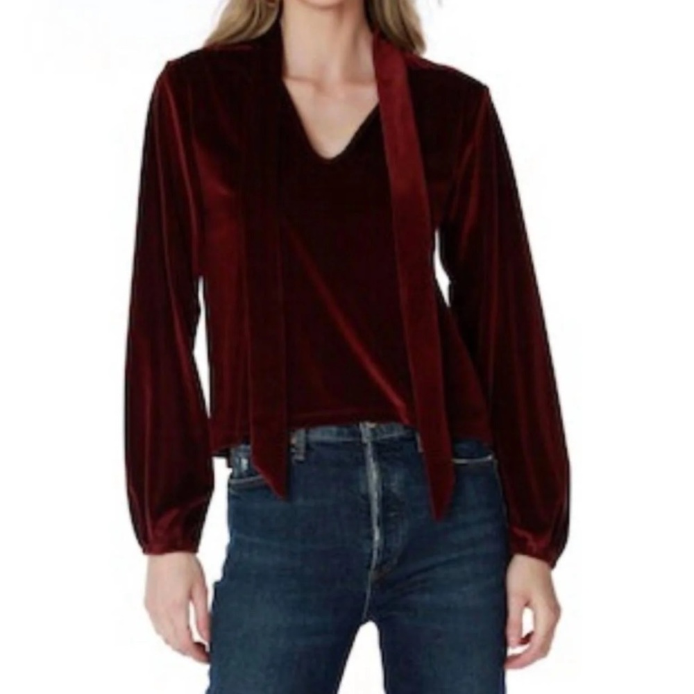 Bobi Los Angeles Velvet High Neck Tie Boho Long Sleeve 
Shirt In Wine Burgundy S